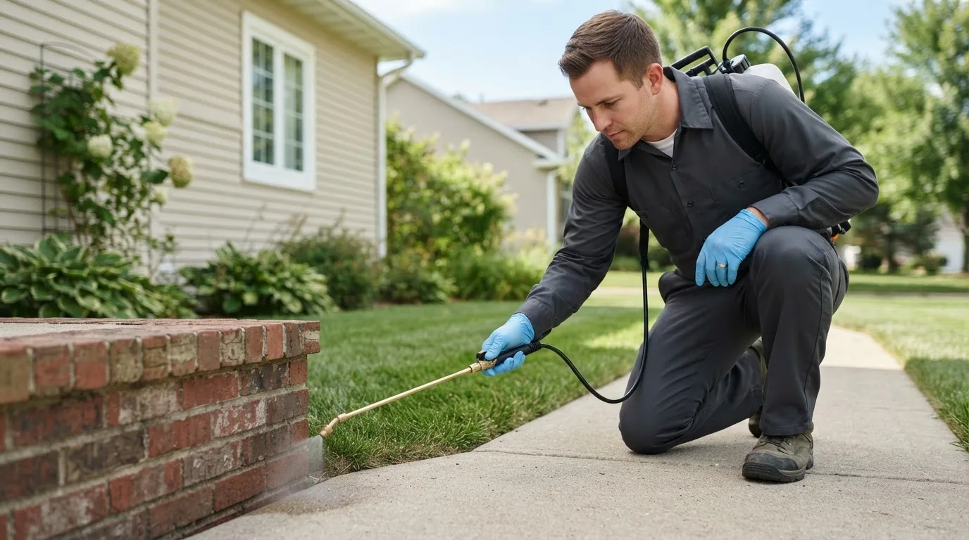 Pest control technician treating a home near Plymouth, VT