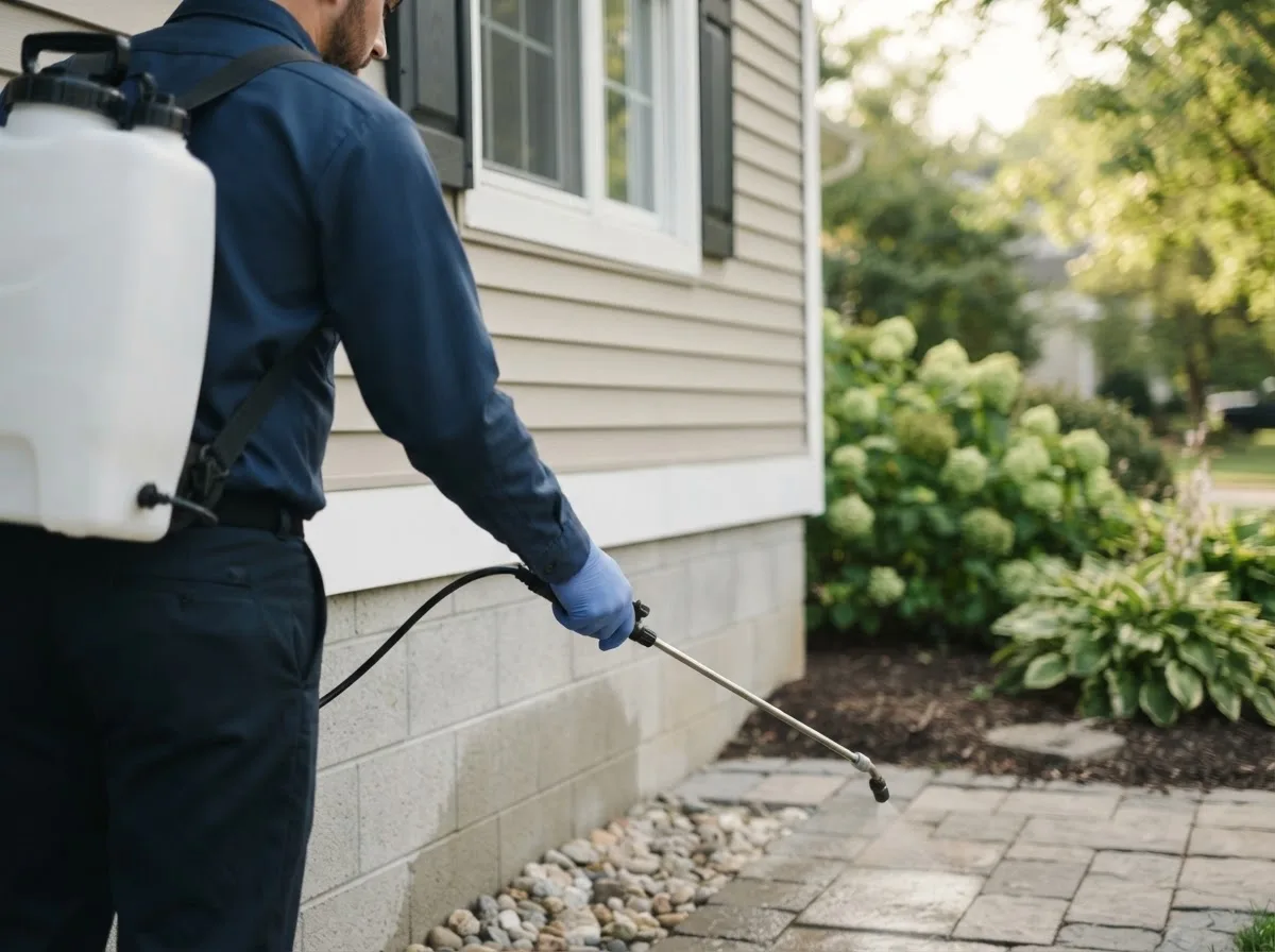 Pest control technician inspecting a home in Plymouth, VT
